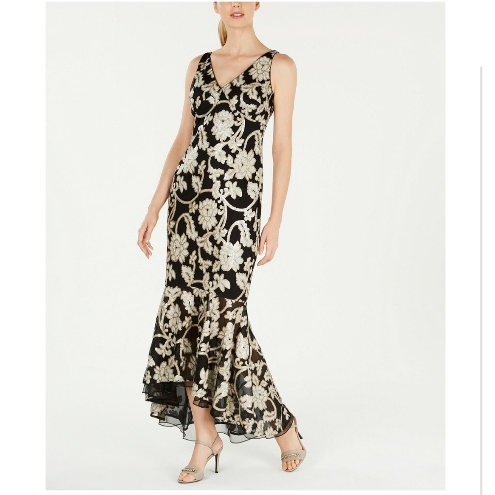 Calvin Klein Sequin Formal Gown Black & Floral Motif - 6